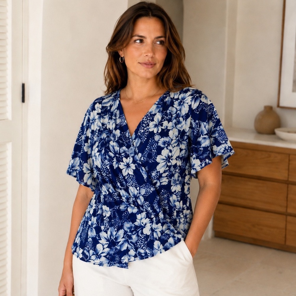 Lane Bryant Floral Faux Wrap Blouse Plus Size 18 Flutter Sleeve Work Office Top